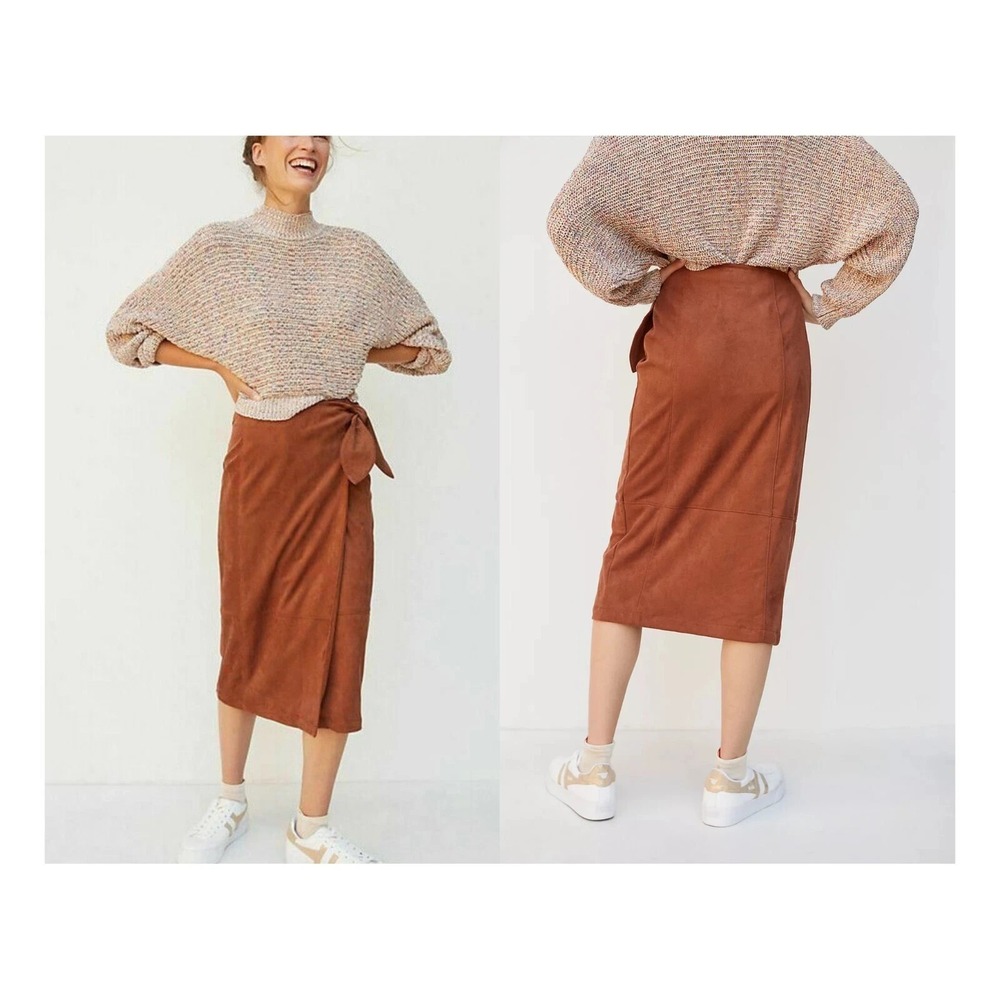 Anthropologie Faux Suede Wrap Midi Skirt Brown, size LG neutral western‎ boho